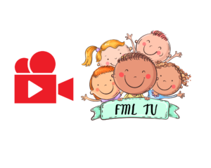 grafika rysunkowa - z lewej strony czerwona kamera, z prawej grupa roześmianych dzieci, trzymających napis "FML TV". Kliknięcie na obrazek otwiera link do kanału You Tube
